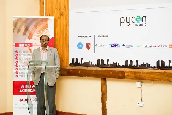 A speaker addressing the room at PyCon Tanzania